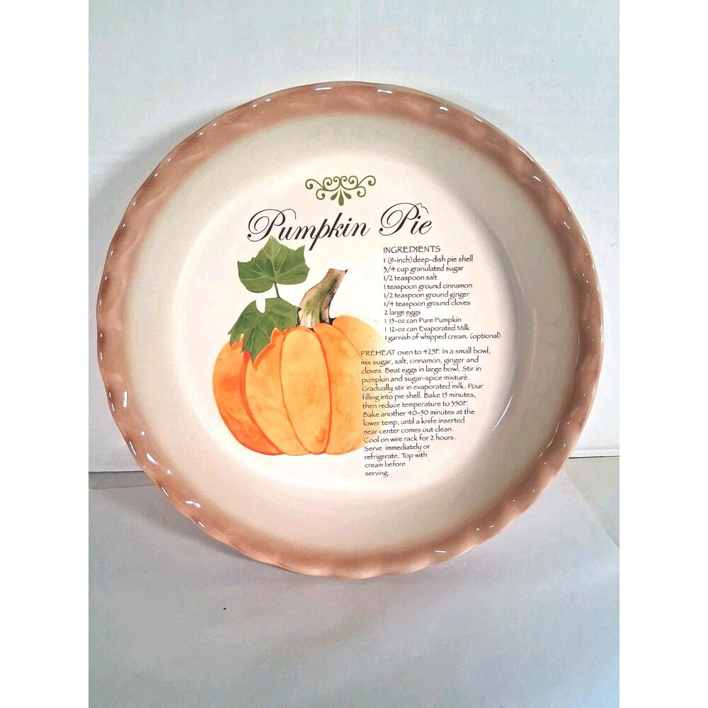 Vintage EC Nantucket Pumpkin Pie Plate  Ceramic  10 in W/ Recipe Fall Bakeware
